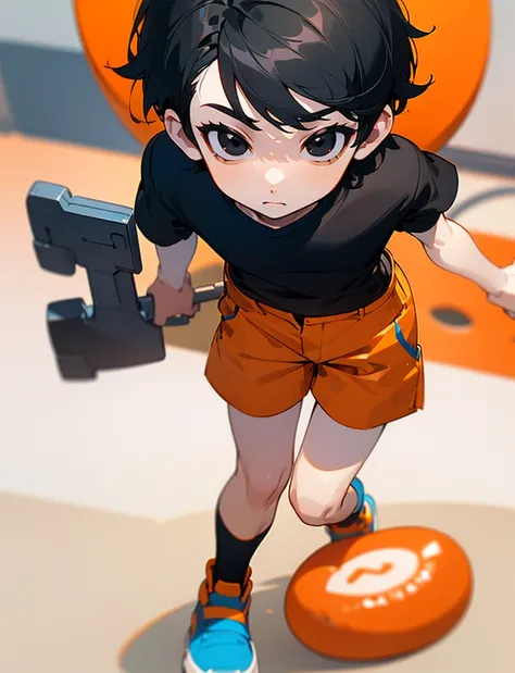 ((boy)) (()) ((really short hair)) ((black hair)) ((black eyes)) ((pale skin))  ((black shirt)) ((orange shorts)) ((blue shoes)) ((fullbody)) ((playing videogames)) ((tiny body)) ((boy)) ((little)) (()) ((close up))