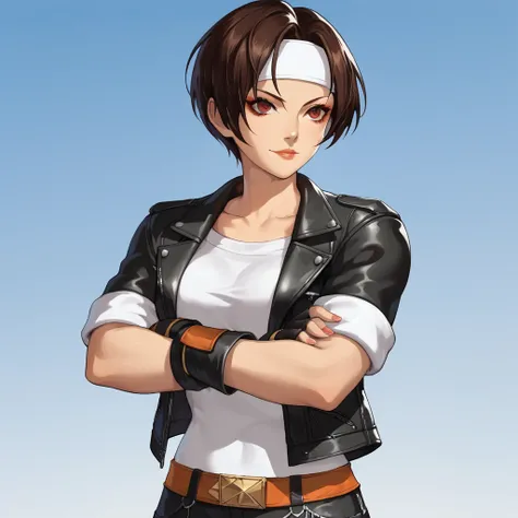 Anime style image of a woman wearing a leather jacket and white t-shirt,  King of Fighters , Sincerity shinkai (  Apex Legends ), Female protagonist 👀 :8, , Sincerity, Sincerity shinka,  Official Character Art , Attractive bisexual doll , Female anime char...