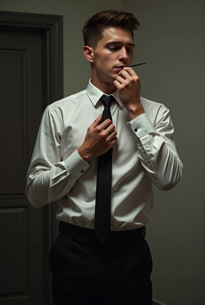 young mans in suit, white shirt and black tie, black trousers, open mouth, wanking