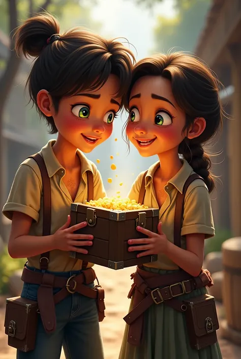 Create this Image:-
"Two friends are holding a treasure box, and both are staring at the treasure with wide eyes, and both are smiling, both are leaning slightly, both are wearing tattered clothes,"