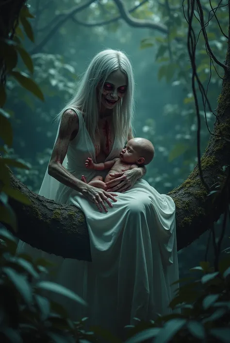 Photorealism 1.3 . masterpiece 128k HDR .Freaky face scary women zombie long hair hold baby headless.  Jungle background.red bloody eyes wear white gaun. Dark night mode.sitting at  tree branch.smoke effect