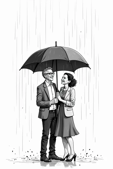 Editorial cartoon, black and white, man and woman sharing an umbrella under the rain and laughing 