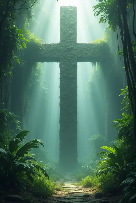 .The cross is surrounded by void . the cross shows the jungle through its outline.big cross in the middle. the cross is a portal to the jungle 