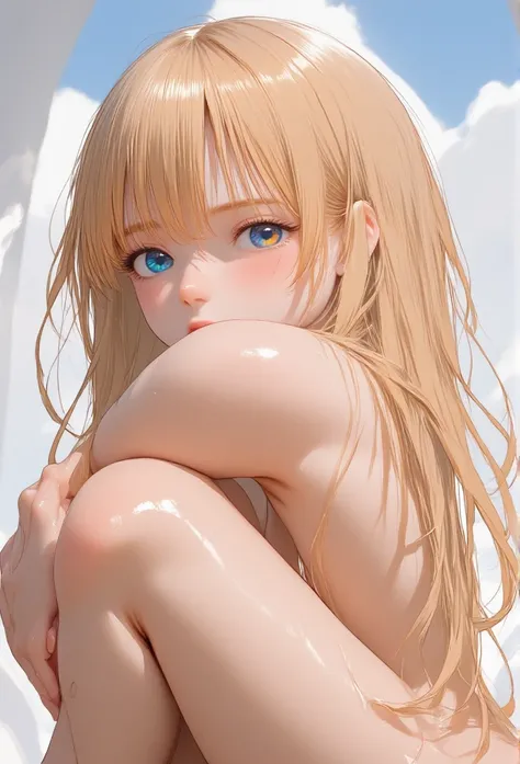 1maturegirl,mahiru shina, Long smooth straight light golden hair, iridescent eyes,aesthetic curvy figure,sitting straight in chain bikini,masterpiece, super detail,detailed eyes, best quality, 8k