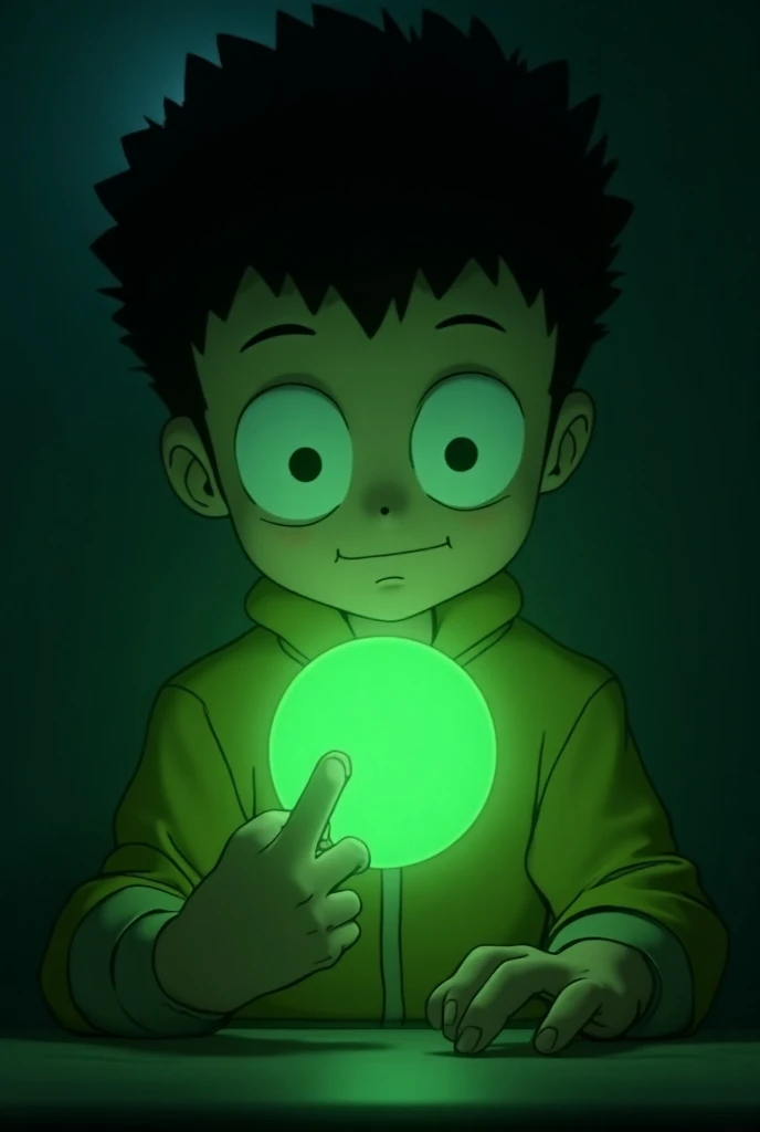 Nobita, wide-eyed and curious, activating the "Time Mirror" with a small button, as an eerie green glow begins to illuminate his face.
