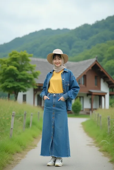  A beautiful rural landscape cool and beautiful ,  green grass tree and country house so beautiful and beautiful looking a Korean woman standing on a small street around the place it,  woman wearing a vanilla hijab tied neatly back wears yellow t-shirt wit...