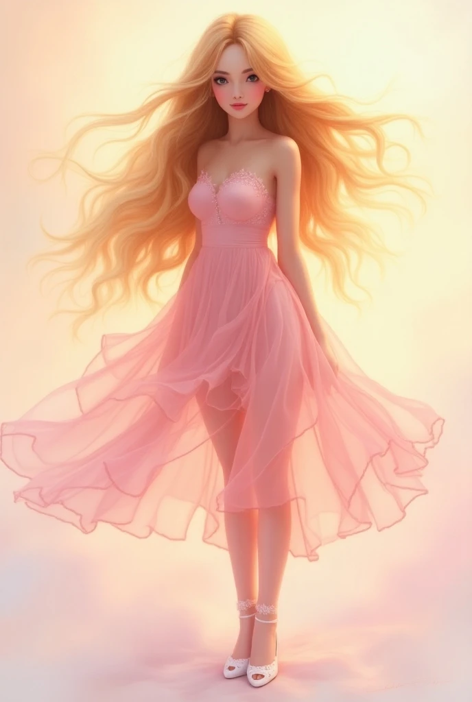 Create a long hair golden hair woman sticker image, pink dress, white cutout shoes