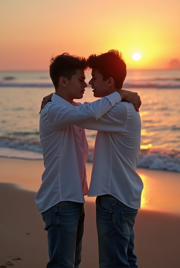 Two boys dressed in jeans white shirt Theyre grabbing each others necks. After just having an argument with a dark face in the evening, the beach is behind the scenes. The sun is about to set in the distance. -r 16:9