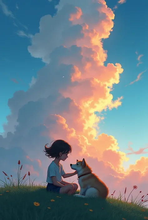 A girl sitting on a hill while petting her dog and watching the bleeding sky 