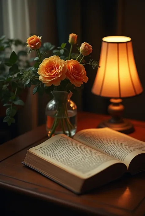 book on table beutiful flower in vase dim light lamp