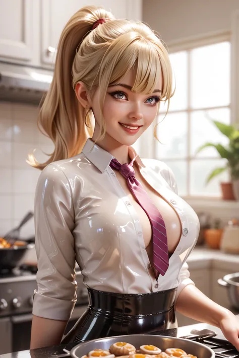  1 girl,  buttoned in extremely tight shiny latex blouse, blonde hair,  ponytail , Bangs, smile, Lens reflection, Reflected light, Are at home and cooking , Necktie, bondage maske