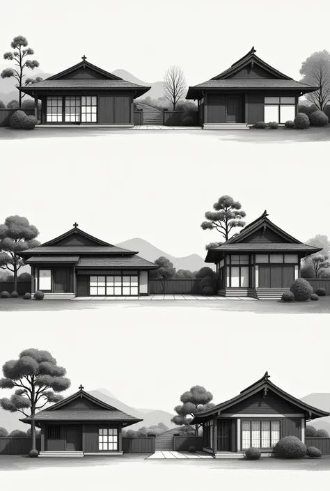 Several Japanese house paintings in black and white with horizontal frames