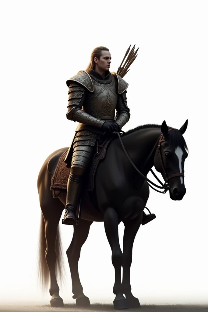 An warrior on a horse holding his Sword and seal and arrows behind his back , white background image