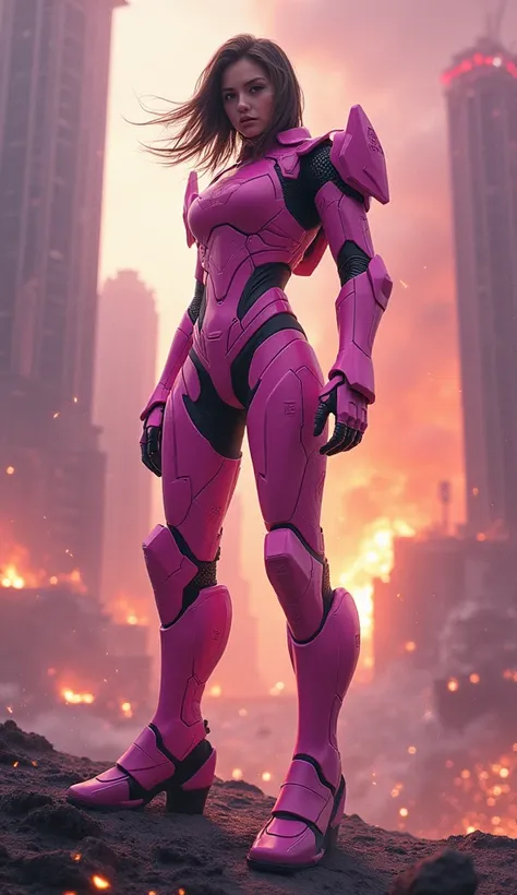 ( best quality,  Masterpiece ), 1 girl, Medium hair,  looking at the audience , Earth Disaster Background ,  Pink Robot Armor