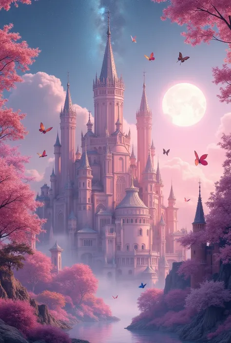 A beautiful heavenly city asks for a cute pastel pink, like in a princess house. There is a full moon, a Milky Way galaxy, there are butterflies and a variety of colored trees.