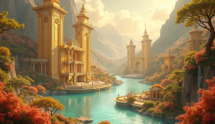 

“An ethereal, heavenly paradise with grand palaces made of gold, luxurious houses, and vast lakes. Beneath the houses, rivers flow, alongside pools of milk. The scene is adorned with golden bracelets, shimmering pearls, and fine silk garments. There are ...