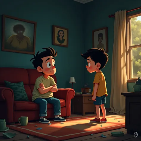  I want a Pixar-style illustration / Disney based on this story .  The protagonists are two brothers in a dark and worn living room . alfredo, Major ,  is sitting on an old sofa with an annoying expression and arms crossed ,  while Adri , the minor,  is st...