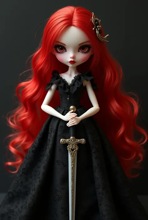 Long red haired doll holding a sword in a black dress with a cute arttoy look
