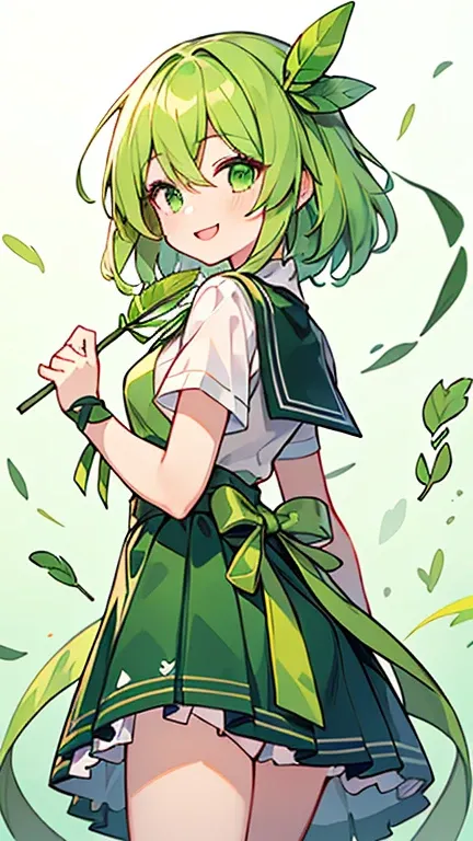 (( light green, A girl with green gradient bifurcated hair and green eyes)),((Im wearing a green ribbon pin )),(( Im wearing high school clothes with a green ribbon )),(( Im holding a green feather fan )),bangs,Hair between eyes , smiling