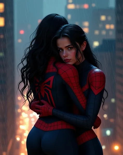 Create Miguel OHara hugging a girl with a medium build, long, wavy black hair, loose hair,brown eyes light dark skin wearing a Spider-Woman costume  and a black color watching the streets of New York at night standing on top of a building while its raining...