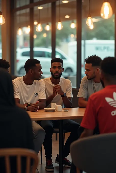 Six somali 21 years old men wearing addidas t-shirt and watches talking to each other and sitting different chairs with twenty meters apart one another and one sad girl wearing hijab sitting with different chairs in restaurant at afternoon 