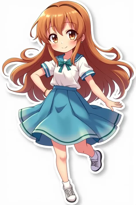 CREATE BRONZE LONG HAIR ANIME CARTOON IMAGE STICKERS DRESS BLUE SKIRT WHITE SHOES