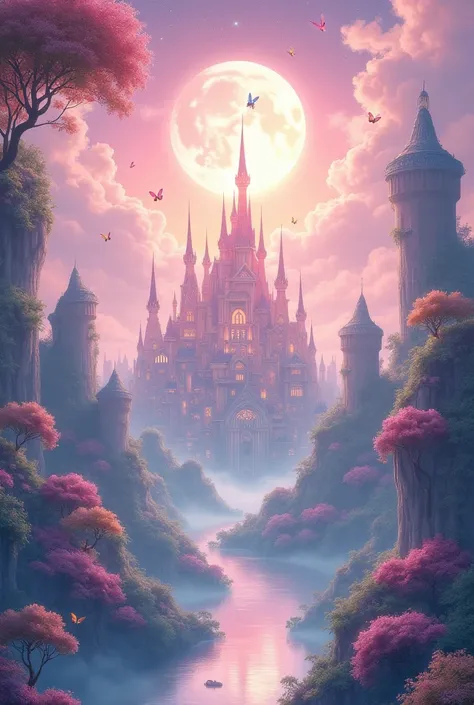 A beautiful heavenly city begs for a cute pastel pink, full moon, a milky galaxy, butterflies, and a variety of colorful trees.