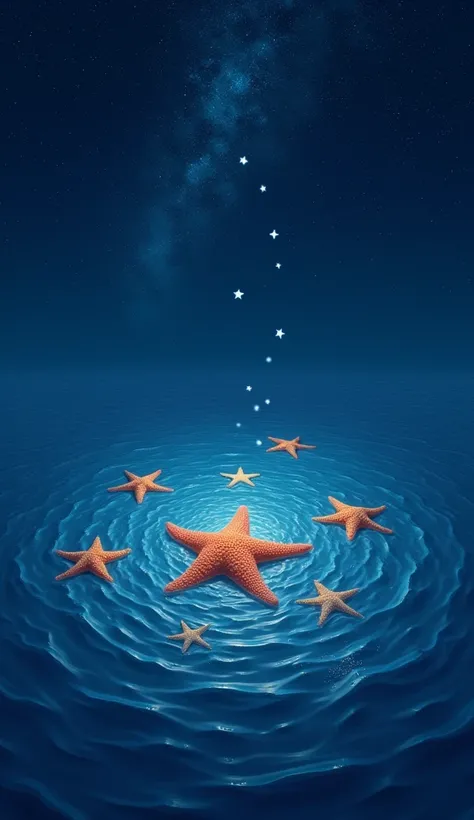 A group of starfish rises from the bottom of the sea, emitting a glimmer of light， to reveal the surface of the sea, and the stars fly to the bright starry sky。