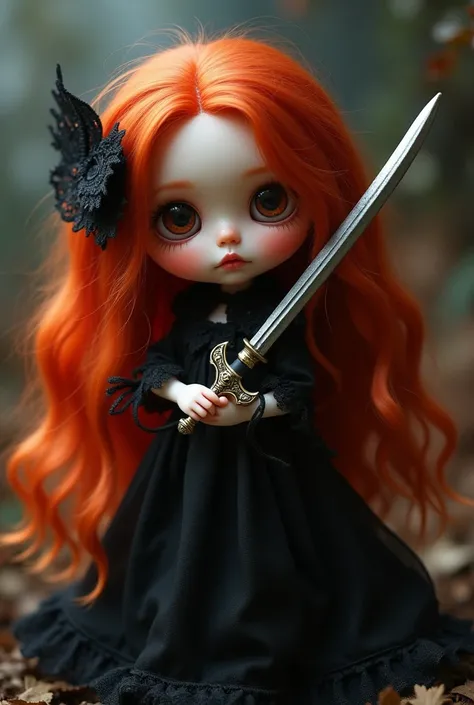 Long red haired doll holding a sword in a black dress. Cute arttoy appearance with a round face.
