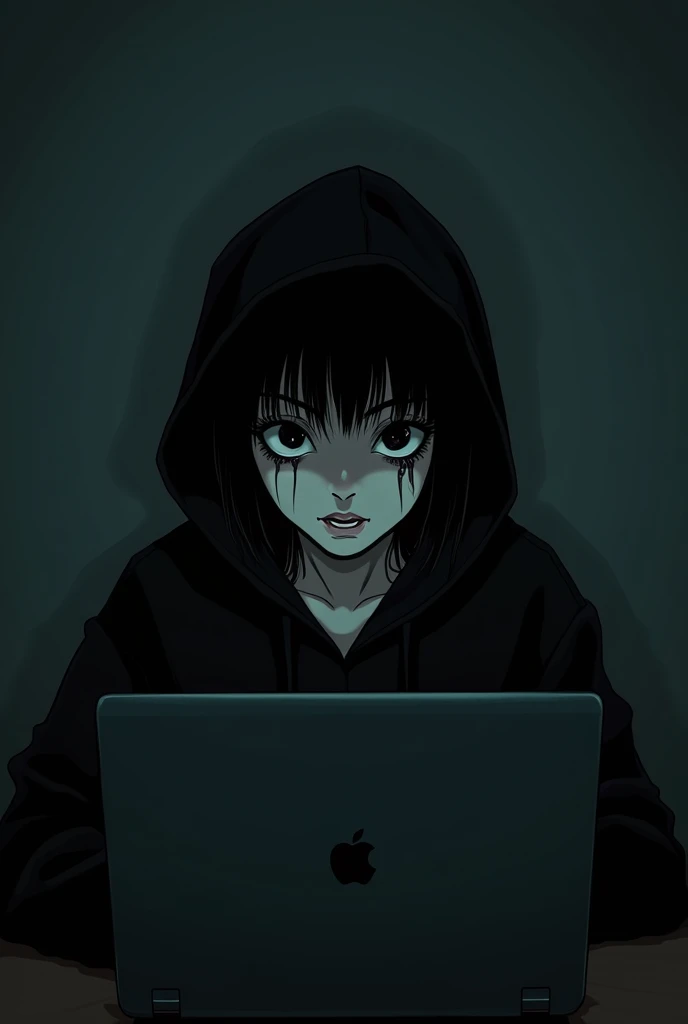 a manhwa style scene of an insane korean woman short hair black eyes wearing black hoodie with the look on her face of obsession and drooling face creepy while focusing on laptop like a insane person the place is dark and eerie like she is losing her mind