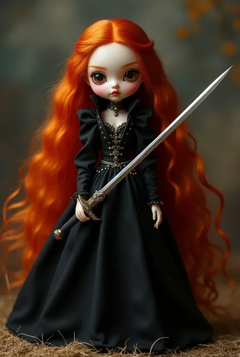 Long red haired doll holding a sword in a black dress. Cute, arttoy appearance with a round face, looks rich, cool and wild.
