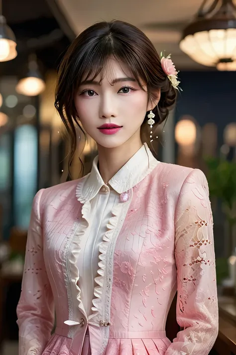 A Korean man in ladies vintage suit dress, he is crossdresser, body like a woman, slender female body, His hairstyle is short and manly, white and pink, long sleeves, Rich lace and frills, short jacket, mermaid line long skirt, tweed