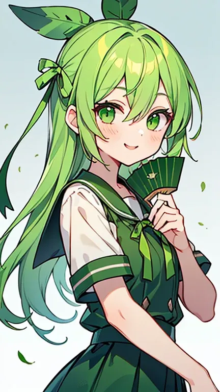 (( light green, A girl with green gradient bifurcated hair and green eyes)),((Im wearing a green ribbon pin )),(( Im wearing high school clothes with a green ribbon )),(( Im holding a green feather fan )),bangs,Hair between eyes , smiling