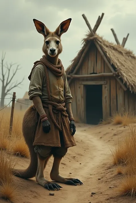  In a forgotten rural village , an anthropomorphic kangaroo ,  with its broken and dusty peasant clothes ,  he finds himself in front of a dilapidated straw house .  His eyes reflect a deep sadness as he observes the desolate landscape,  with dry fields an...