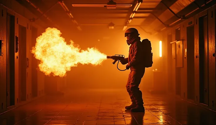 a man in an arctic research station, with mask, shooting a stream of fire into the darkness of a room from a flamethrower, cinematic lighting, dramatic, (best quality,4k,8k,highres,masterpiece:1.2),ultra-detailed,HDR,UHH,studio lighting,extreme detail desc...