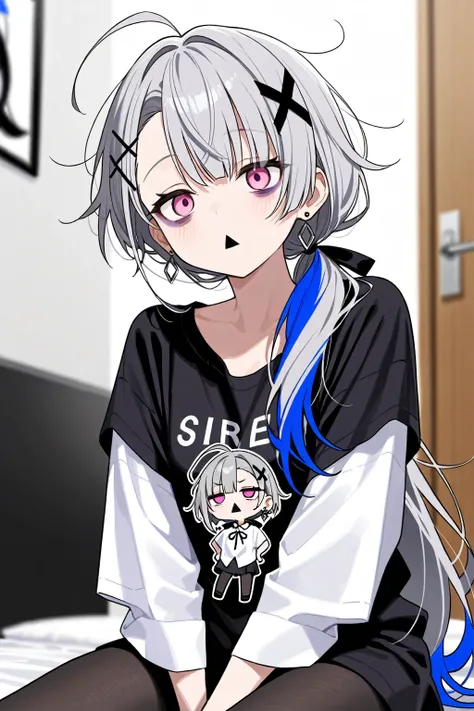 High image quality
 girl 1 ,  Pink Eyes、Gray Hair、  shortcuts,    low ponytail  、    earrings for women,  Ahoge,    asymmetrical bangs ,   X shaped hair ornament ,    Black Circles Under Eyes 、  black pantyhose  、Time to Sleep 、Background white、Front、messy...