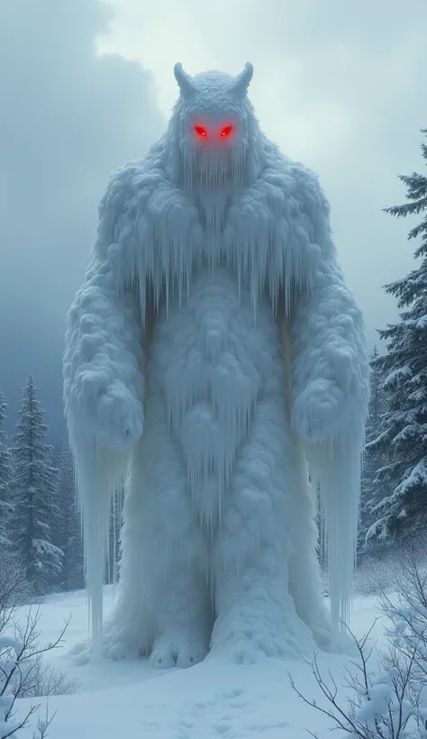 A realistic and mystical depiction of the mythical creature Snow Nyudo (Yuki Nyudo), inspired by Japanese folklore. The creature appears as a towering, humanoid figure made entirely of snow, with glowing red eyes and an otherworldly aura. The background is...