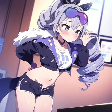 (masterpiece, best quality:1.2), 1girl, solo, silverwolf, hair drill, coat, shorts, eyewear on head,  blush, looking to the side, ruikomatsuzaki, official art, dynamic angle, 