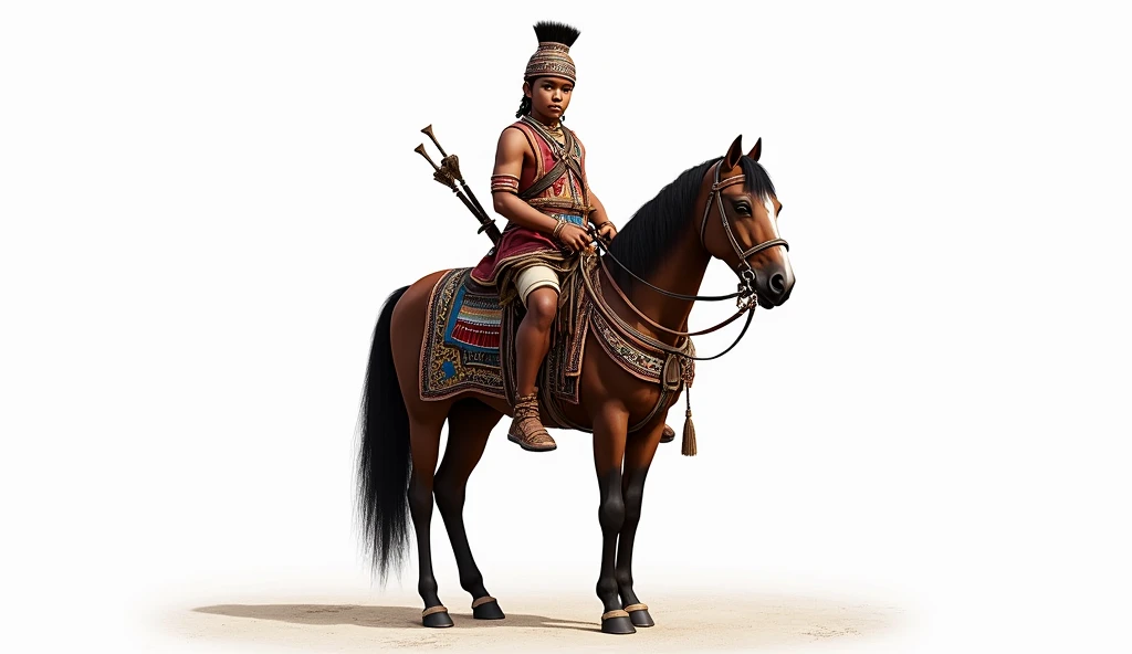 A young warrior on a horse wearing bodo traditional dress aronai and holding his Sword and seal and arrows behind his back , white background image