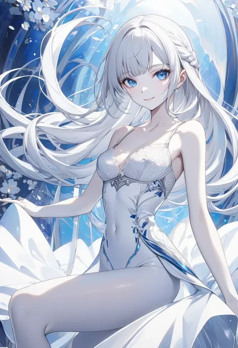  girl（ silver hair　 shoulder length 　white bra and pants 　Beautiful blue eyes　 white skin　 Tall　With bangs　Beautiful face　Thin legs　 thin waist slightly larger breasts　Smiling　 Silver Hair　 anime style ）