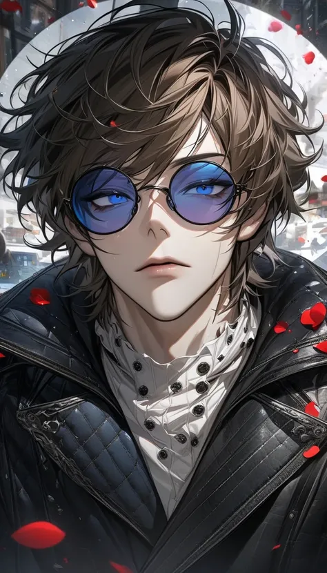 absurdres, highres, ultra detailed, HDR, master piece, best quality, Lim Haegyung, brown messy short hair, expressive blue eyes, round black sunglasses, Love Jinx, 1man, handsome, black coat, white shirt, petals, cafe background, solo