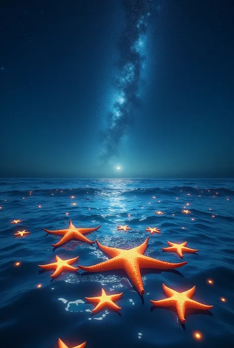 Many starfish rise in a glimmer of light from all around the ocean， to reveal the surface of the sea, and the stars fly to the bright starry sky，Form a galaxy 。