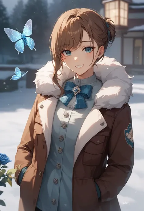 Flowers made of ice are blooming 、 flowers made of snow are blooming 、 1 girl,  their hair is long to the back and the bangs are wolf-cut、Brown Hair、 they are wearing a burgundy coat 、 they have hands in their coat pockets 、 they are turning around and smi...