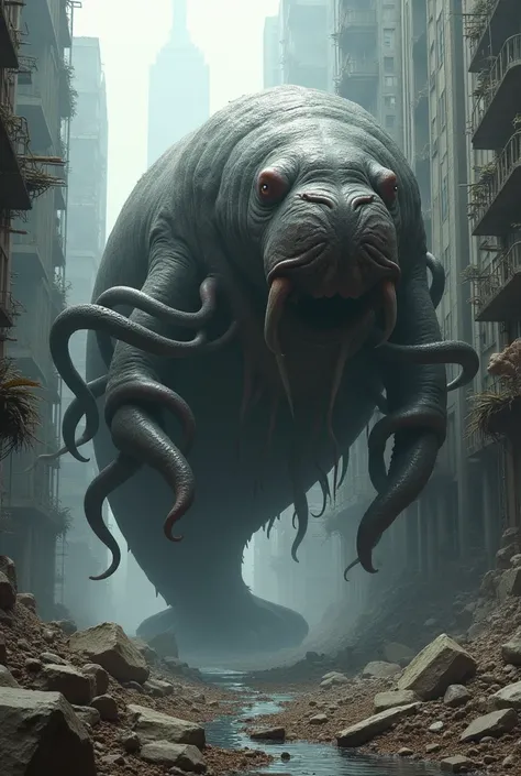 Big manatee and octopus combination in one body background in the destroy city 