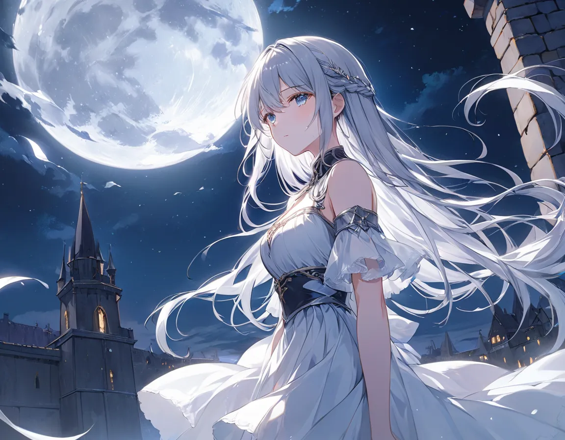 An anime-style painting depicts a serene and poignant scene on the rooftop of a medieval castle. The setting is bathed in the gentle glow of moonlight, casting a mystical aura over the ancient stone architecture. In the center, a girl with flowing silver h...