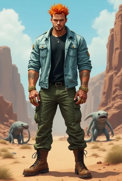 Muscular man, defined body, gold rings on all fingers, light blue colored gangster jacket, black shirt underneath jacket, long army pants of green color, military boots of brown color, evil smile, spiky orange hair, messy hair, short hair, yellow colored e...