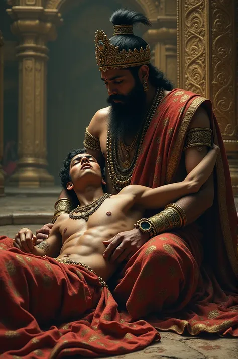 A young man sitting on the back of an Indian king in a dying position