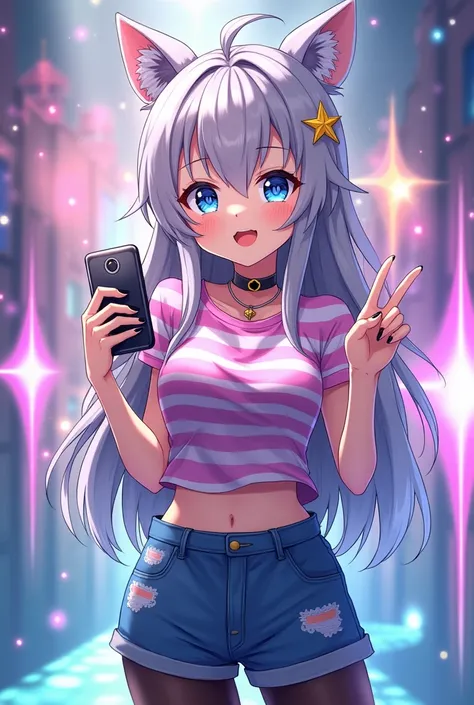 {Vtuber : Shiro Neko}, anime girl with alien antenna on her head, posing for a picture, alien girl, alien antenna, 1girl, solo, shorts, striped, small breasts, black nails, mouth open, smile, jewelry, grey hair, spiky hairstyle, long hair, tshirt, holding ...