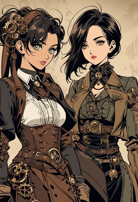 different outfit with a woman, steampunk art style, outfit designs. FULL
