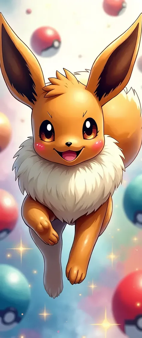 Create a visually stunning piece of watercolor art with eevee, the iconic Pokémon character, rendered in ultra high definition with incredible detail and perfect eyes. eevee, with a vibrant, smiling expression. Jumps towards the viewer. The background is a...